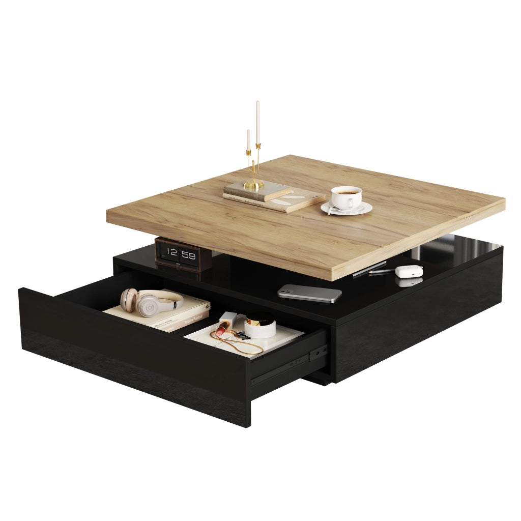 TAVOLO DA SALOTTO Girevole 360° 70x70x36 cm Noce e Nero Lucido con cassetto