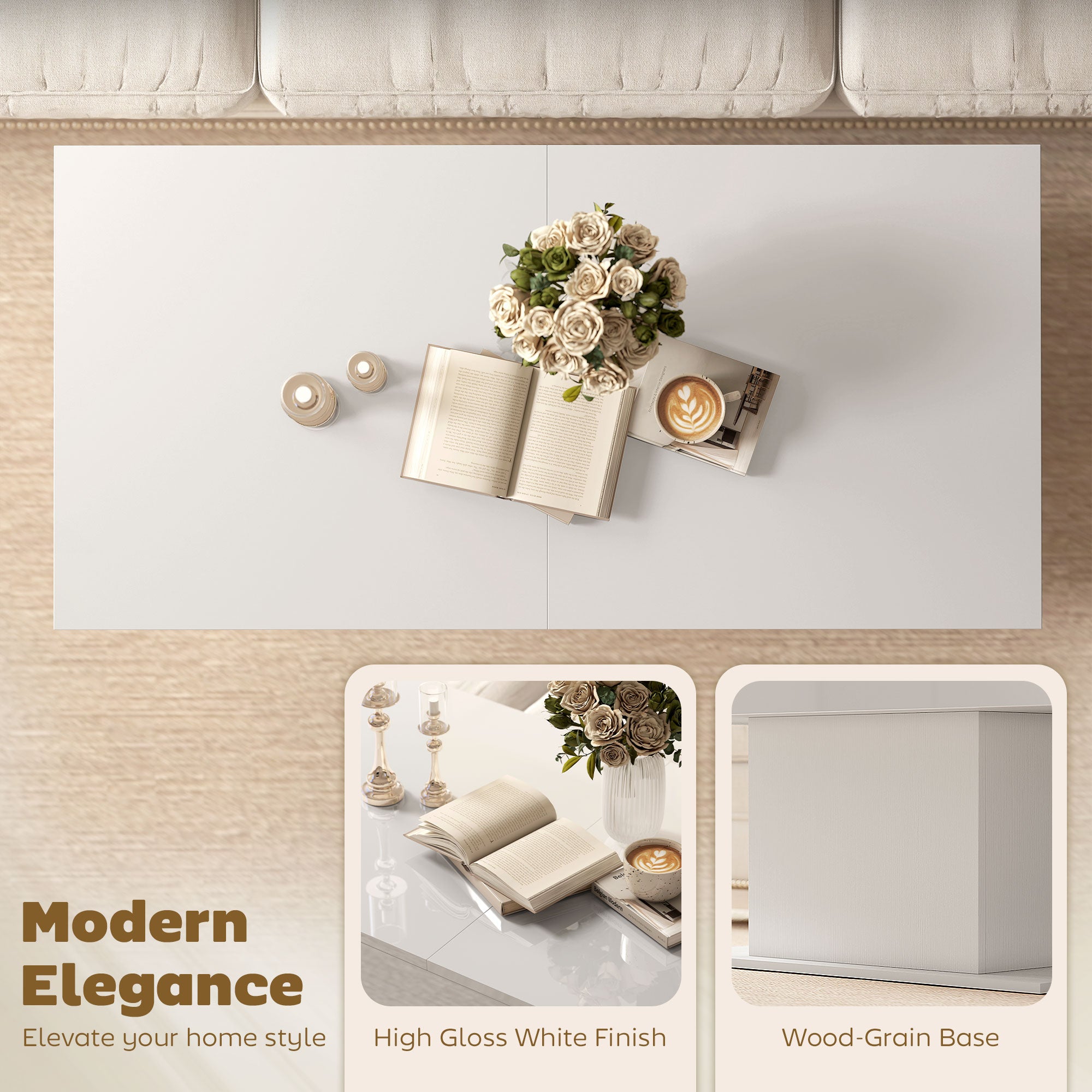 Tavolino da Caffè Estensibile 108-178.5x53x49 cm con Vano Contenitore Moderno Bianco Lucido