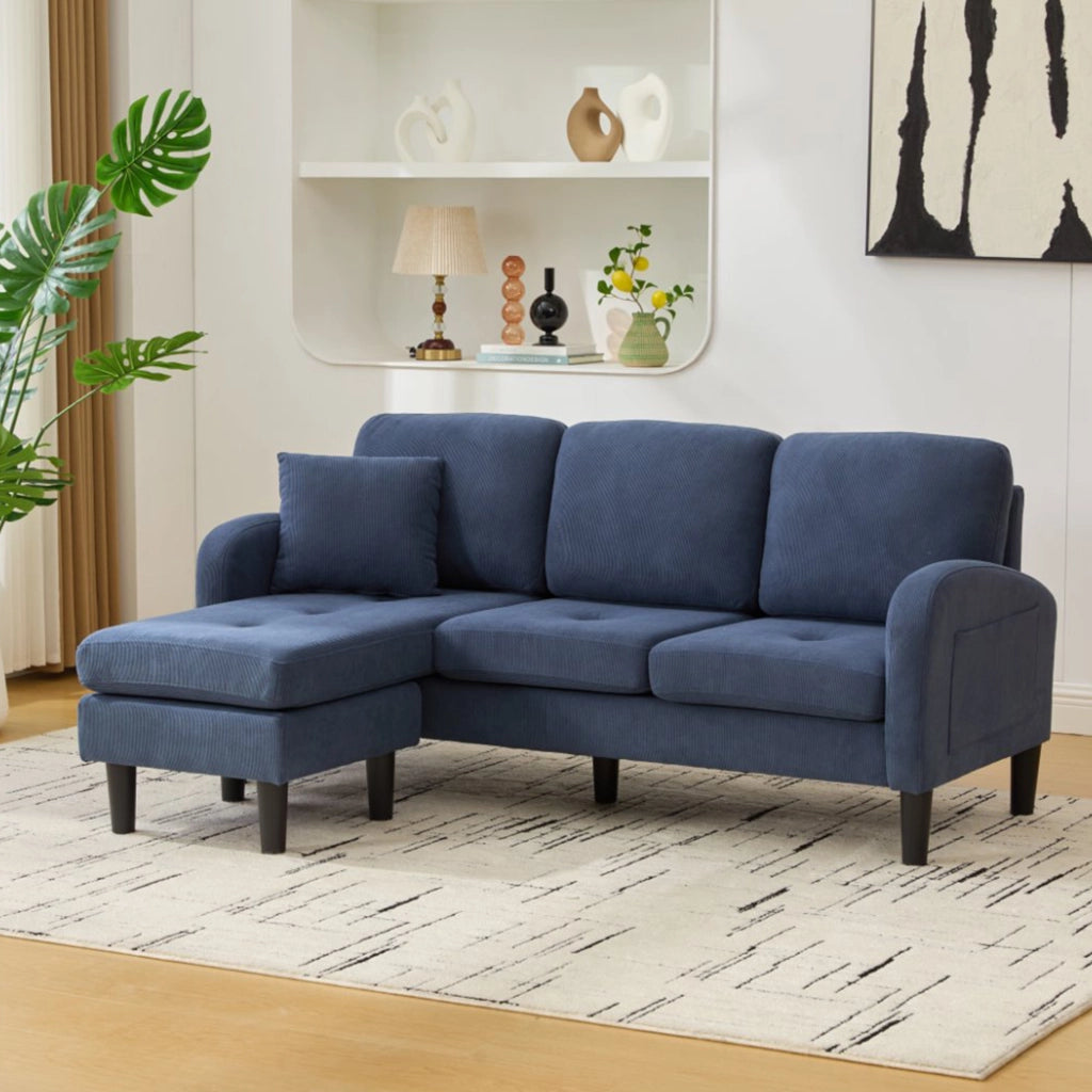 Divano angolare modulare 3 posti - con chaise longue reversibile - in tessuto a coste blu