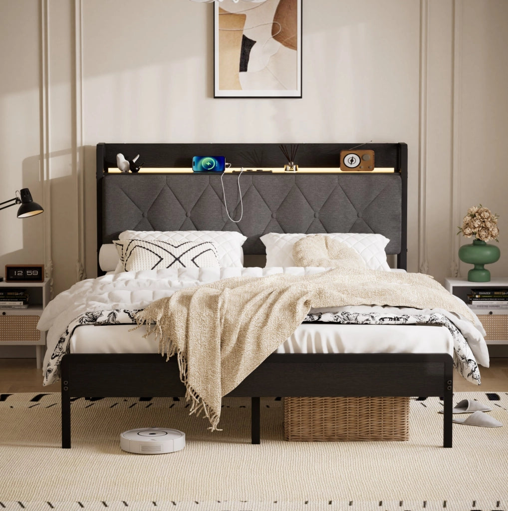 Letto imbottito 140x190 con LED, porta USB e vano sottostante