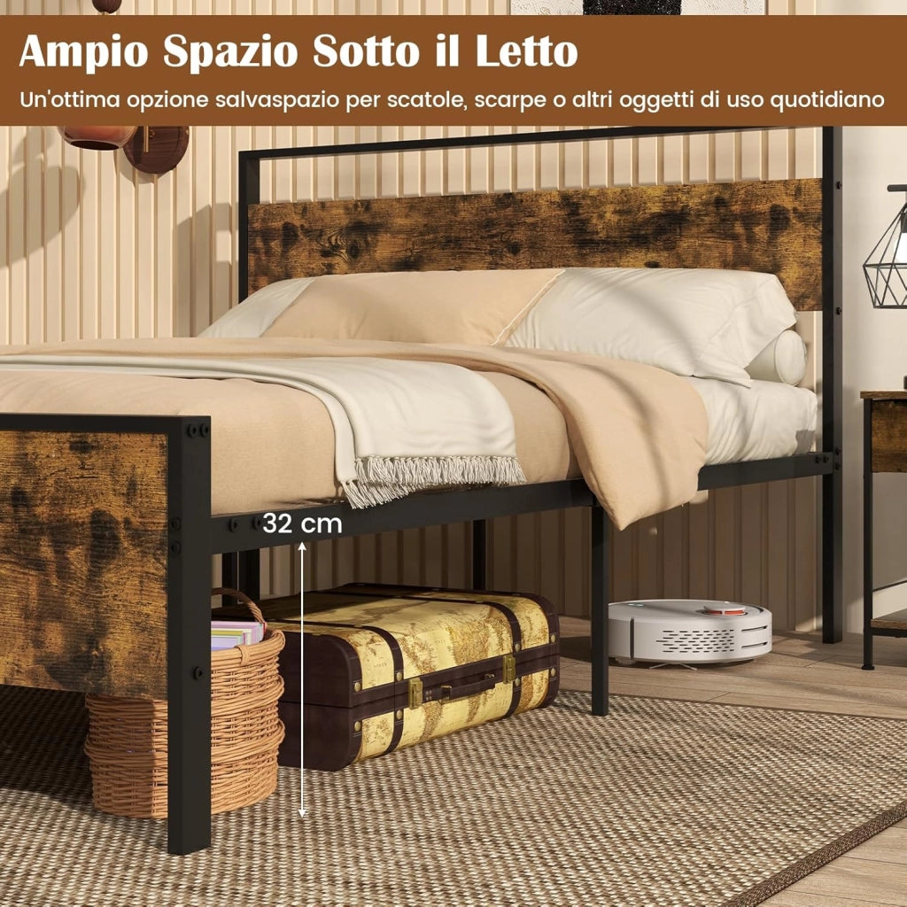 Struttura Letto Matrimoniale 200 x 140 cm, con Pediera e Testiera in Legno Industriale, Telaio da Letto con Doghe in Metallo Robusto, Carico Massimo 360 kg