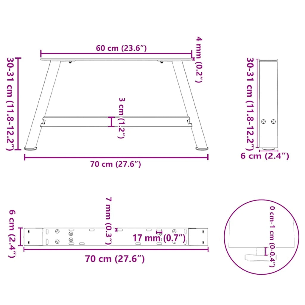 Set di 2 gambe robuste per tavolino da caffè a forma di A 70 x 30 x 31 cm con piedini regolabili stile moderno acciaio nero 02_0057104