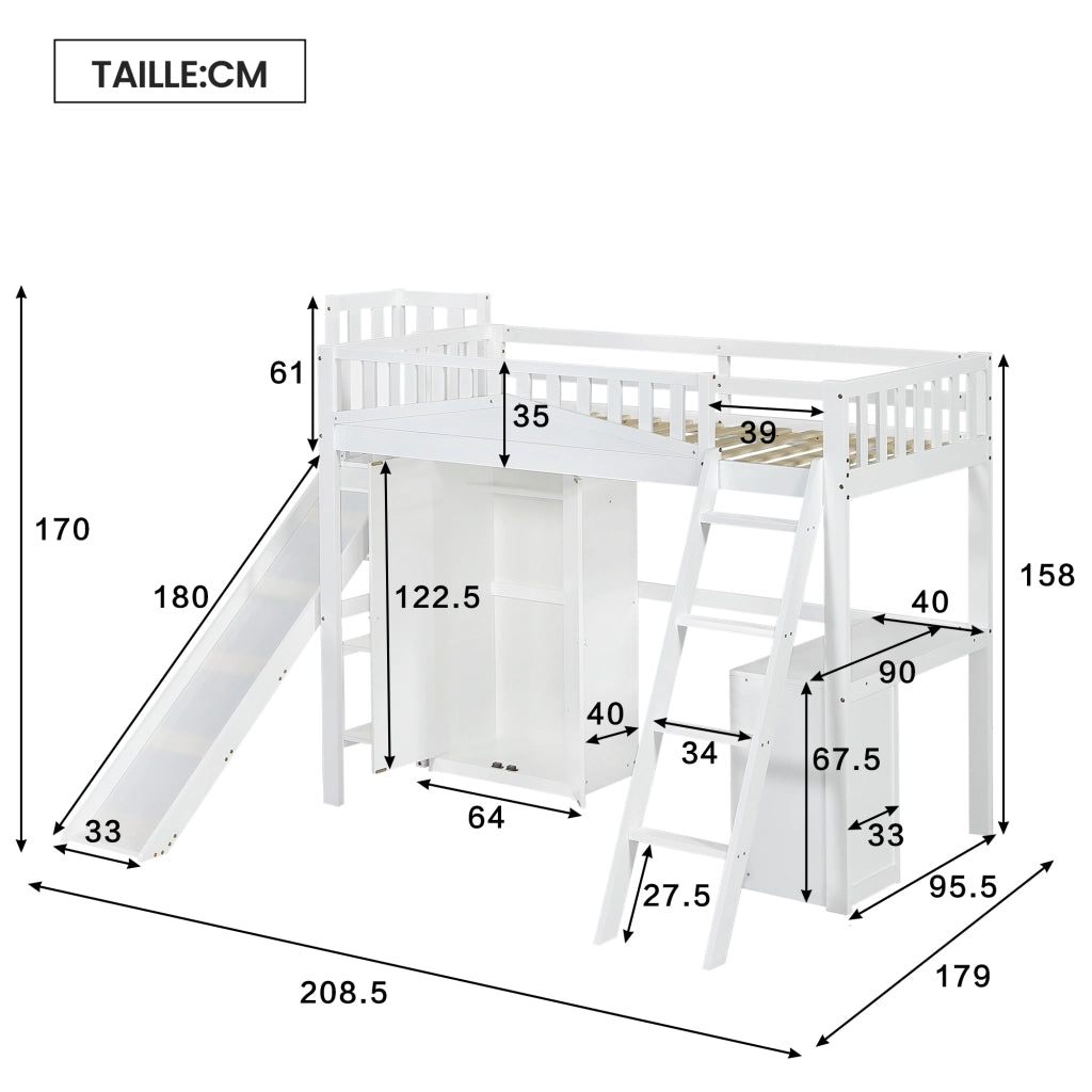 OKWISH Letto a Castello 90×200 cm, Letto Singolo con Scivolo, Scrivania, Armadio, Mensole e Scala, senza Materasso, Bianco