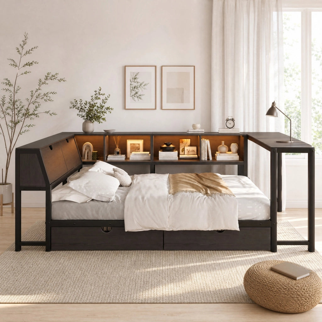 Letto multifunzione 140x200 cm in metallo e MDF con scrivania; LED e cassetti