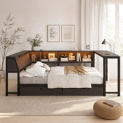 Letto multifunzione 140x200 cm in metallo e MDF con scrivania; LED e cassetti
