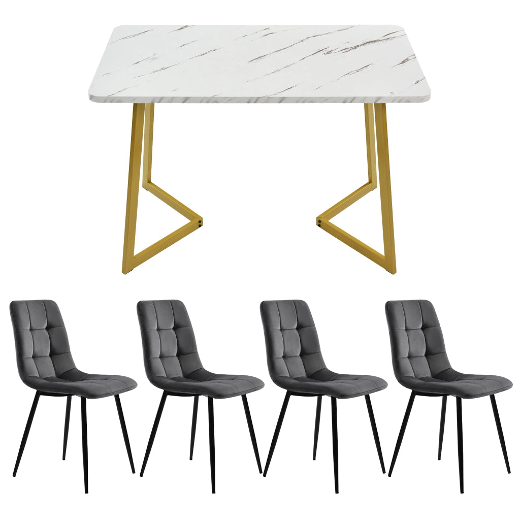 Set Tavolo da Pranzo con 4 Sedie ¨C Xylo ¨C Rettangolare, Velluto Grigio Scuro, Gambe Dorate
