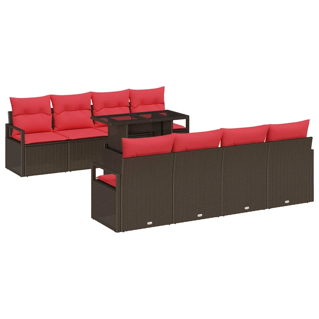 Set Divano da Giardino 9 pcs Marrone e Rosso polyrattan