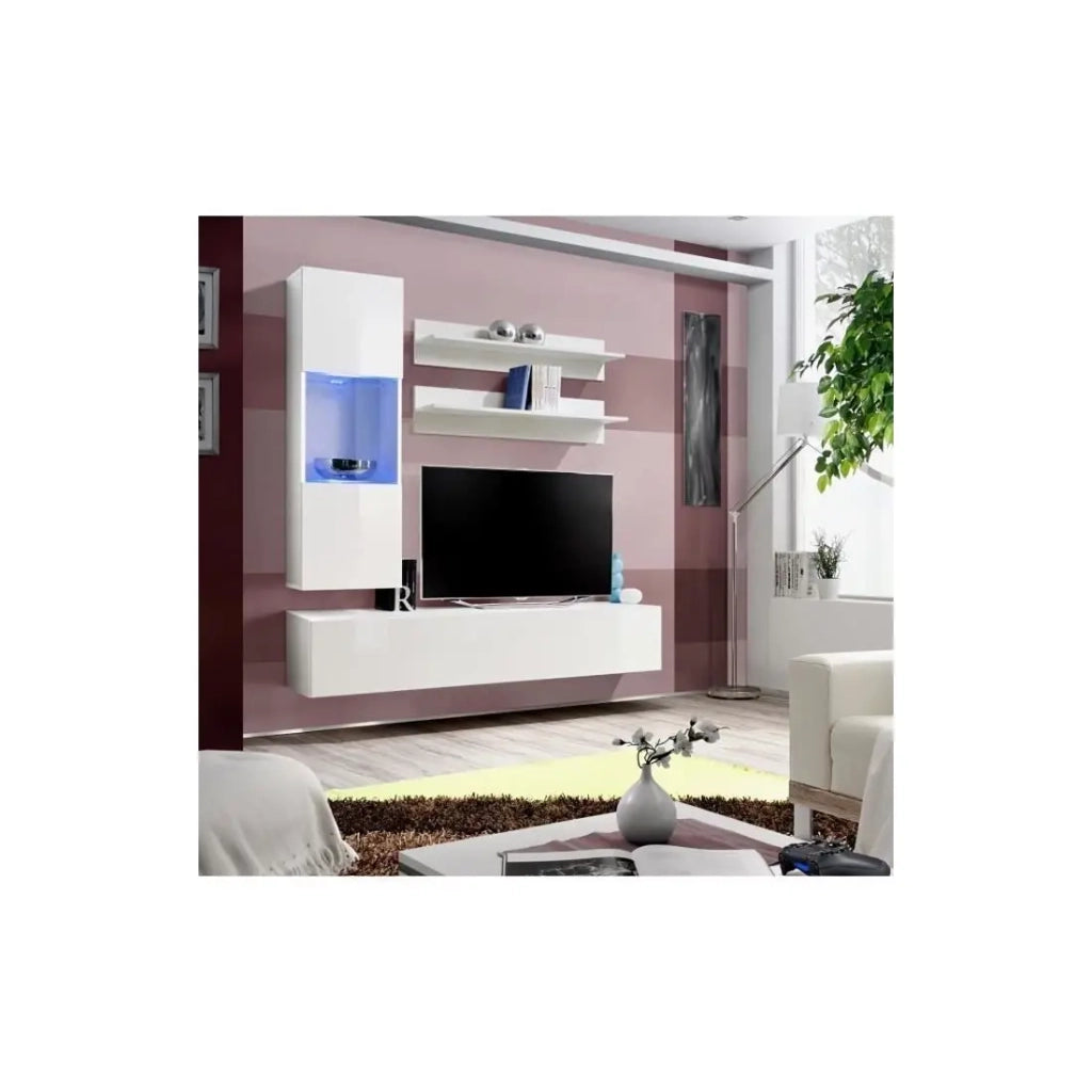 Mobile TV FLY H3 design, colore bianco lucido. Mobile sospeso moderno e alla moda per il tuo soggiorno.