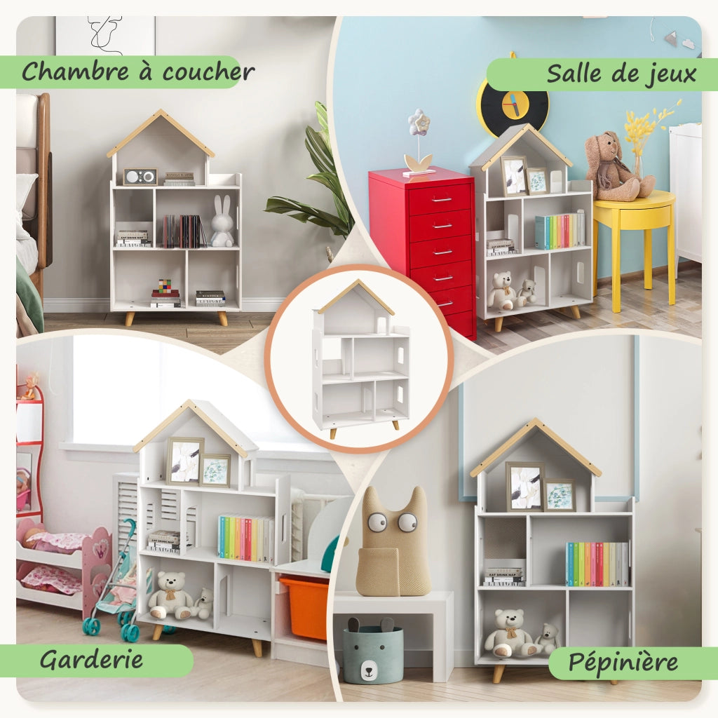 Libreria per bambini forma casa 3 ripiani ¨C zephmum ¨C bianco e naturale 65x25x108.5 cm