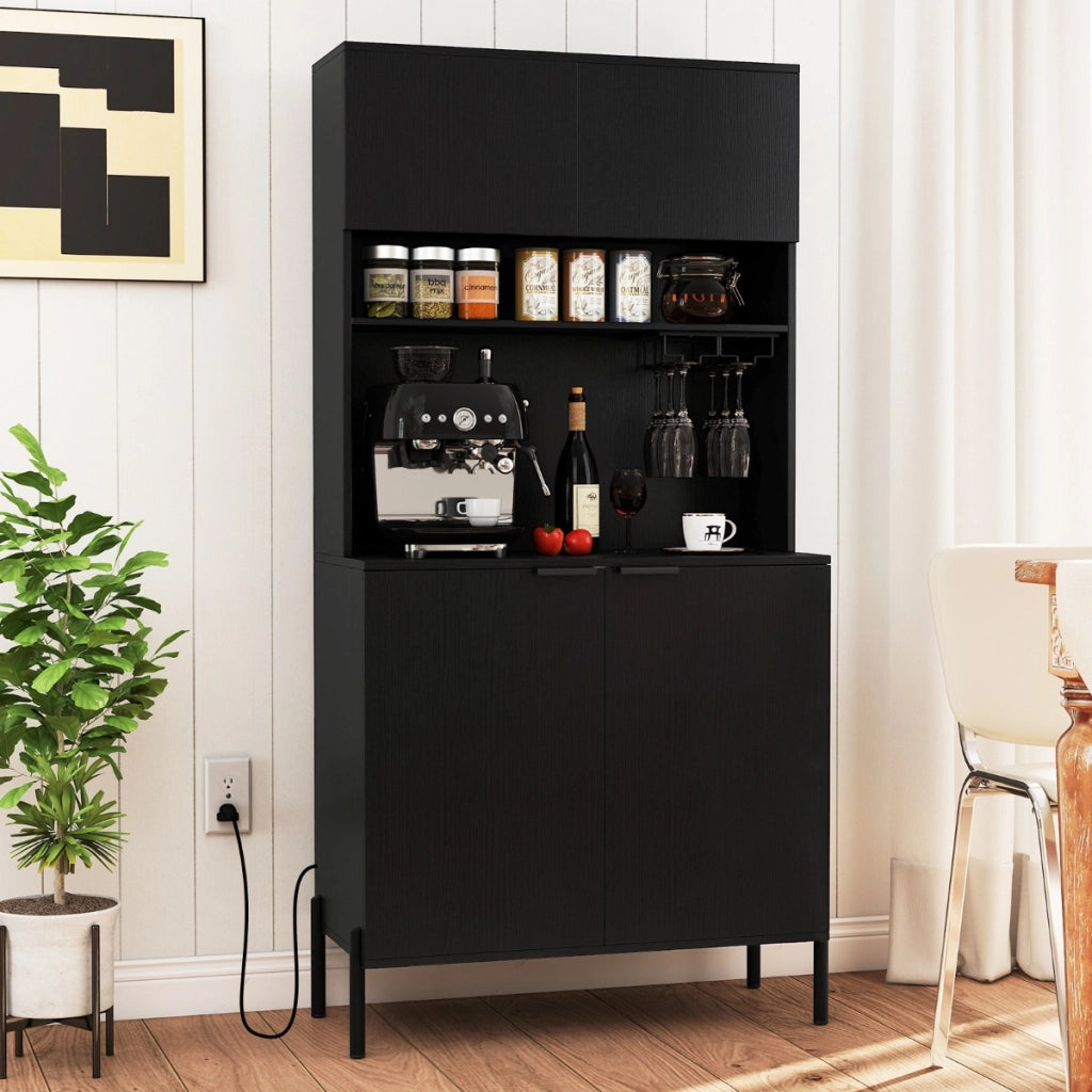 Mobile dispensa da cucina con stazione di ricarica mobile bar vini con porta bicchieri, Mobile armadietto per sala da pranzo Nero-Credenze buffet