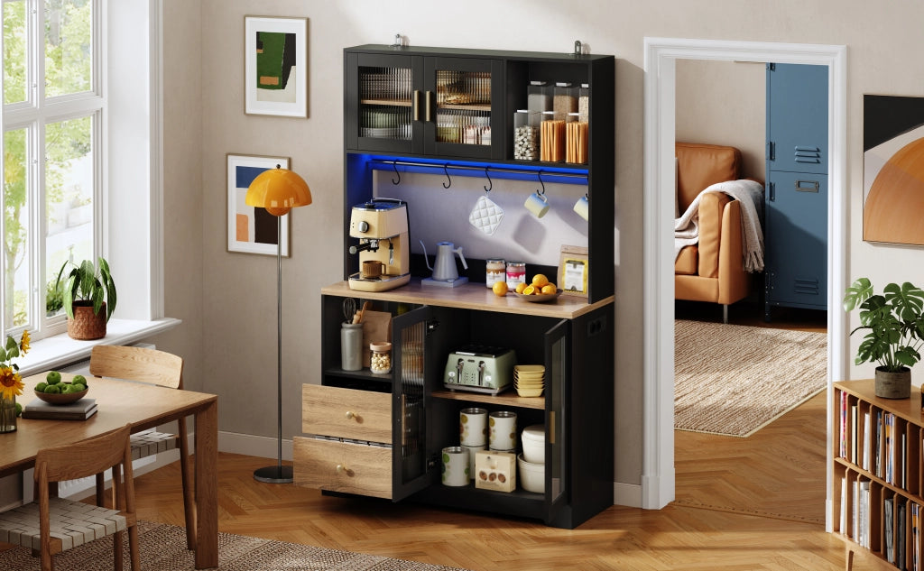 Hochschrank da cucina con LED, prese USB e ante in vetro temperato, 110 x 40 x 178 cm, nero