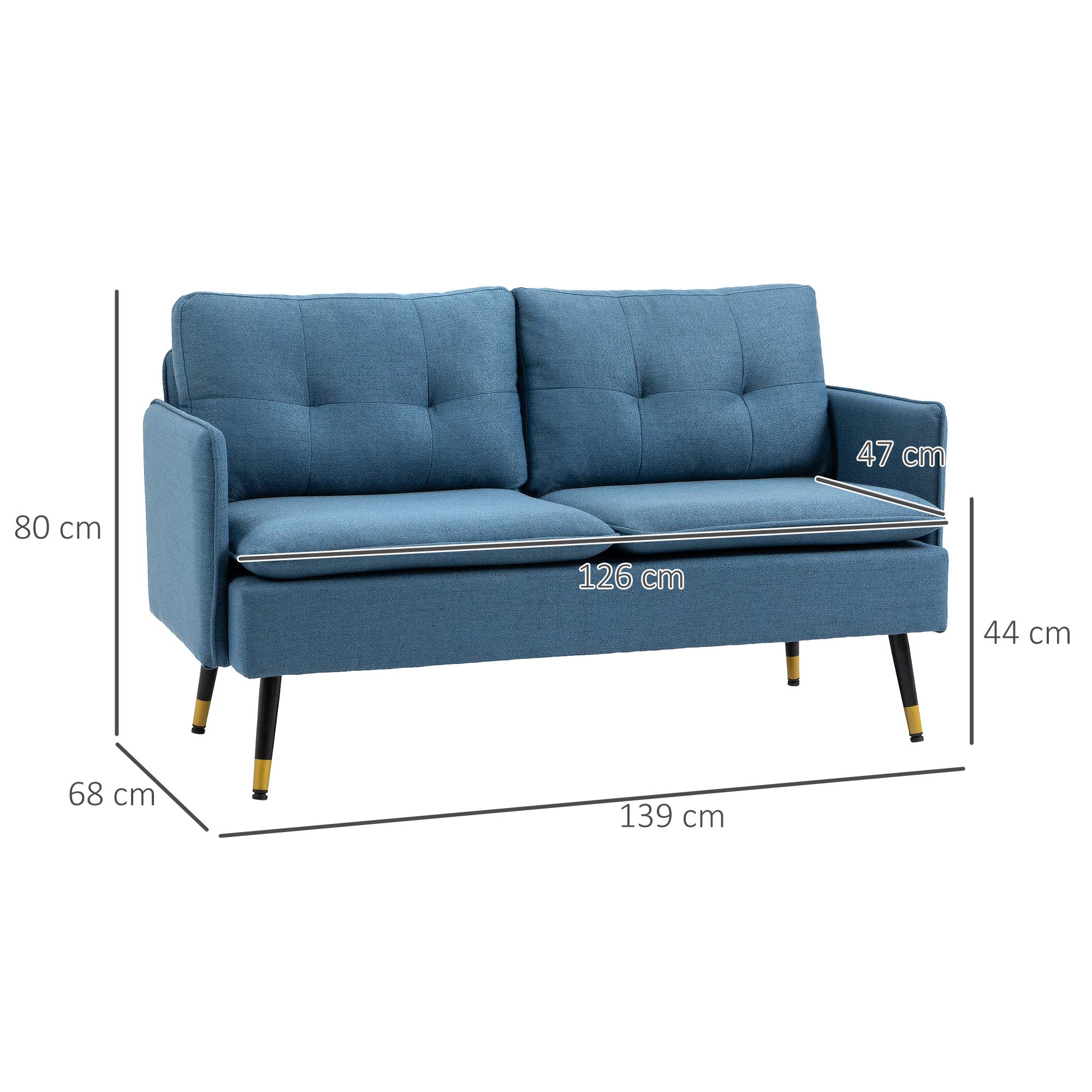 Divano 2 Posti 139x68x80 cm con Cuscini Imbottiti e Gambe in Acciaio  in Tessuto  Blu Scuro
