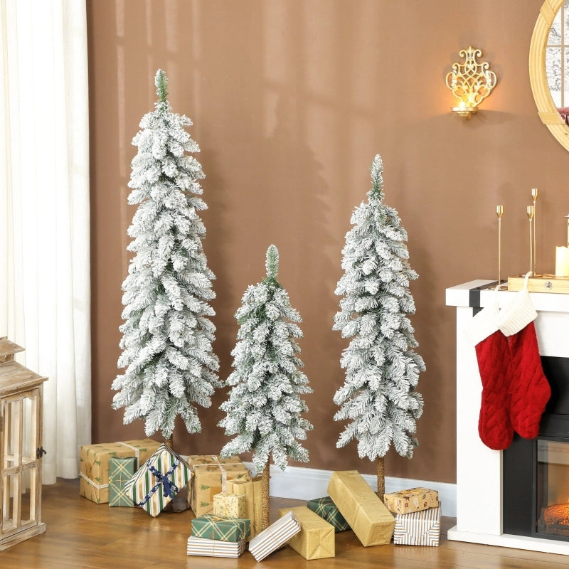 Set di 3 alberi di Natale artificiali innevati, 3 misure, con supporto in metallo, ignifughi, in plastica, verdi e bianchi.