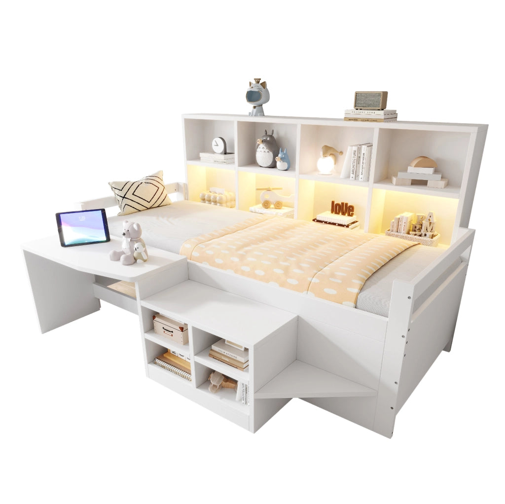 Letto a soppalco 90x200 cm con scrivania; vani portaoggetti e LED in legno bianco
