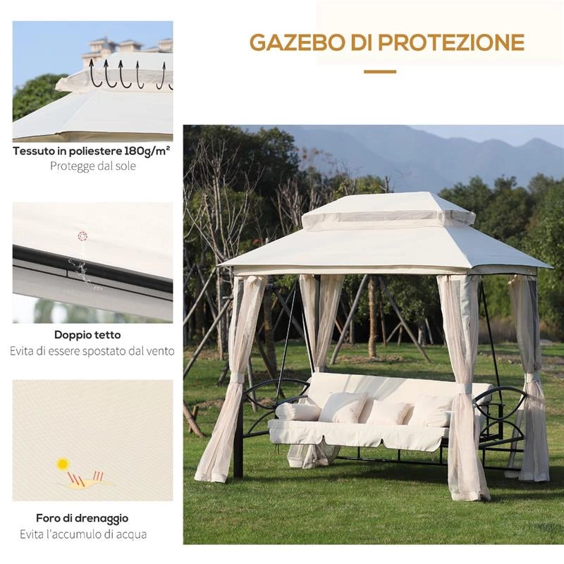 DONDOLO A GAZEBO RECLINABILE 3 POSTI CON ZANZARIERA E CUSCINI BEIGE