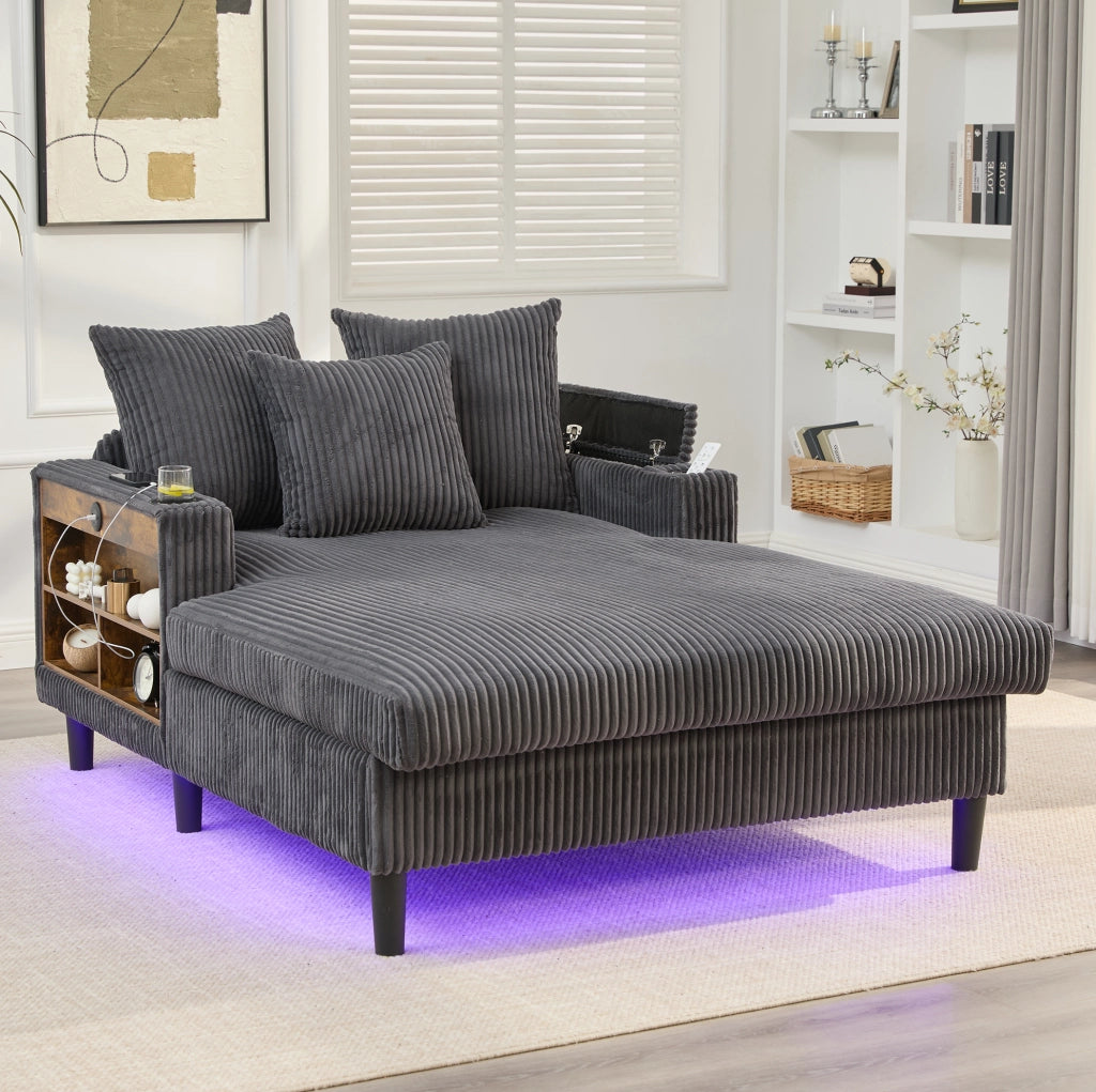 Chaise longue 170x129x70 cm grigio scuro con LED, USB e vano contenitore