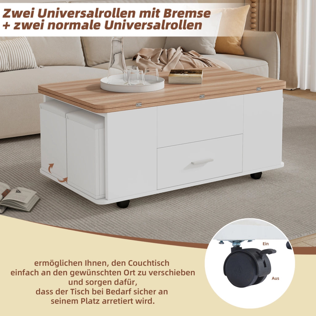 Tavolino trasformabile elevabile con 4 sgabelli, bianco legno