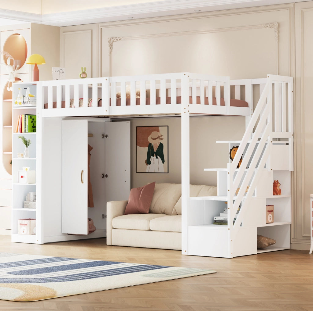 LETTO SOPPALCATO 90x200 cm in legno bianco con armadio e ripiani
