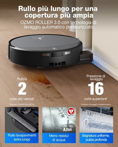Ecovacs DEEBOT T90 PRO OMNI Robot aspirapolvere lavapavimenti, 30.000 Pa, ricarica PowerBoost, OZMO ROLLER 3.0 con TruEdge 3.0, erogazione automatica della soluzione detergente, AGENTE YIKO AI, Nero
