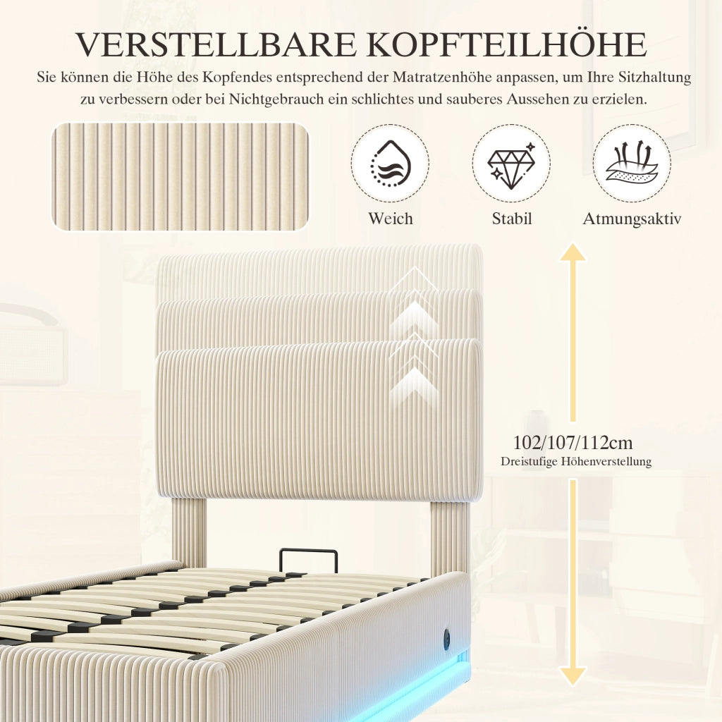 Letto imbottito con LED USB regolabile 90x200 cm velluto a coste beige