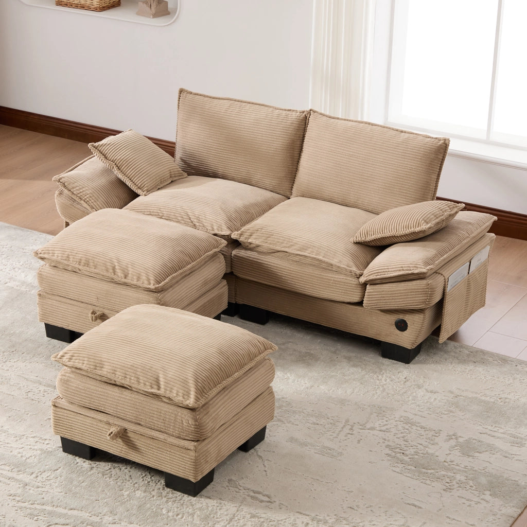 DIVANO MODULARE 2 POSTI CON 2 HOCKER 190x132x84 cm CORDUROY KHAKI