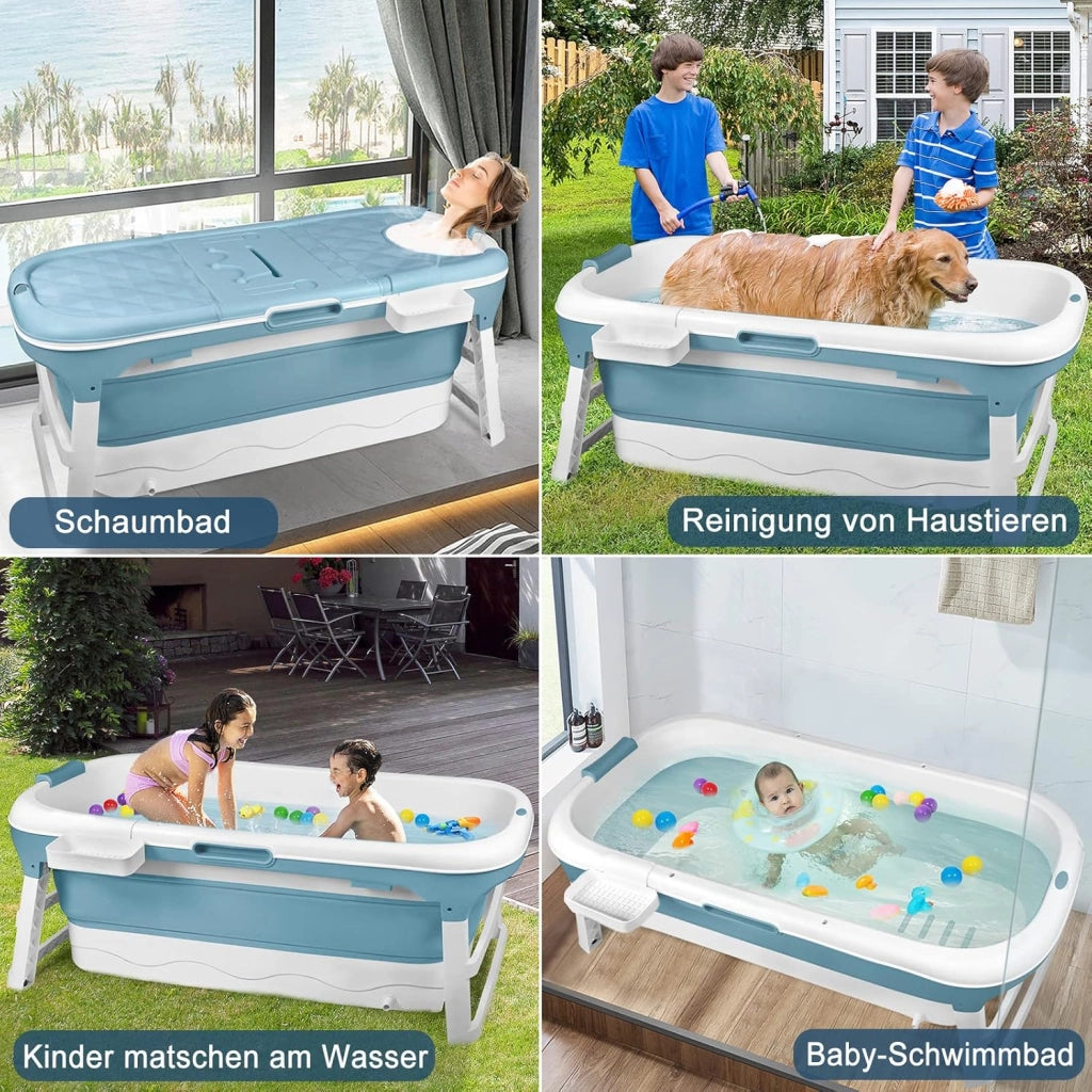 Vasca da bagno pieghevole per adulti, 148 x 60 x 53 cm, con copertura e cestino, mobile pieghevole, autoportante per bagno, doccia e balcone, blu