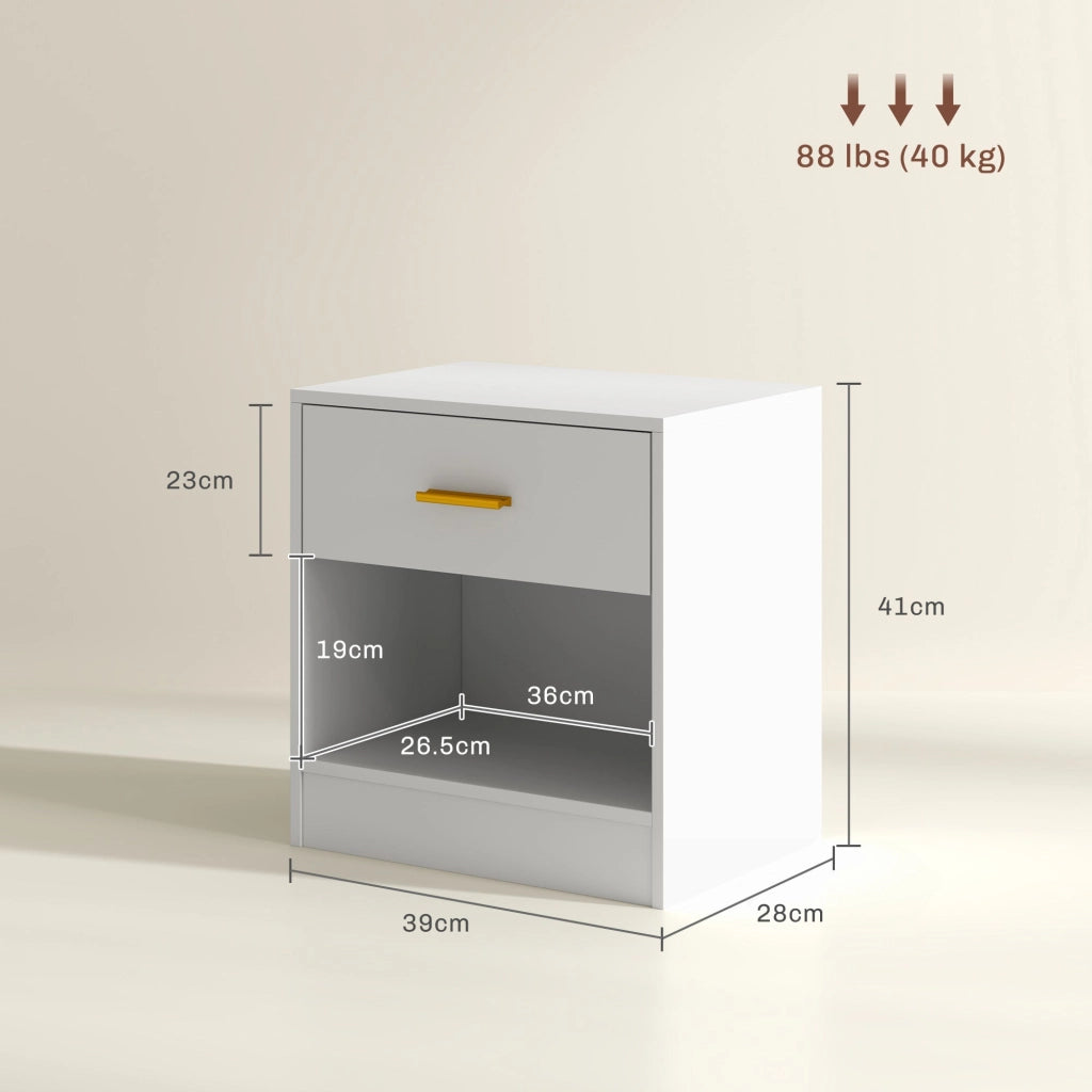 Set 2 Comodini con Cassetto e Ripiano a Giorno in Legno 39x28x41 cm Bianco