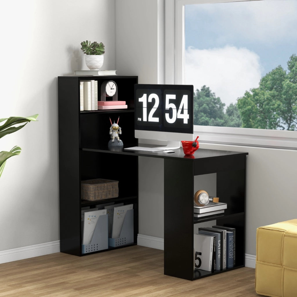 Scrivania per computer da 122cm con libreria, Postazione di studio moderna compatta con 6 ripiani Nero