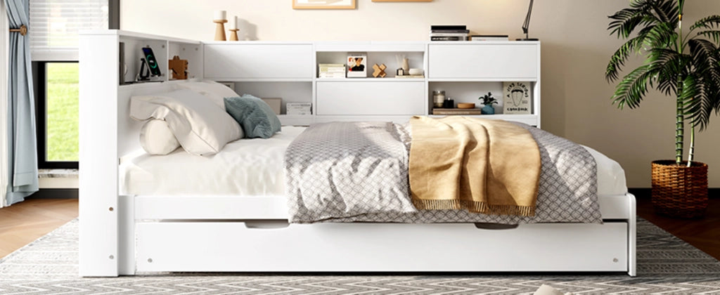 DESMIU Letto estraibile 2 posti con vano testata, USB e Tipo C 140 × 200 cm e 90 × 190 cm, senza materasso, Bianco