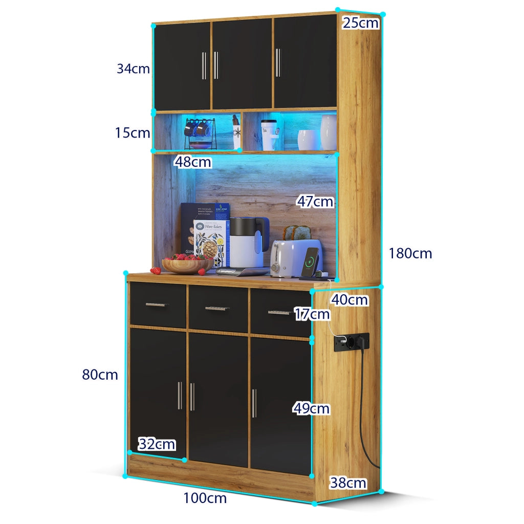 Credenza da Cucina Alta con 6 Ante; 3 Cassetti; Ripiani Regolabili; LED e Prese; in MDF; 100 x 40 x 180 cm; Naturale Nero