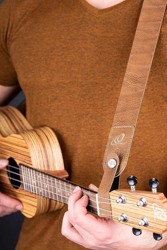 Riem per chitarra ukulele adattabile - Serie Vegan - Tan/vegan - connessione di legatura alla testa di chitarra