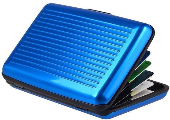 Otturatore di credito in lega di alluminio, superficie liscia e lucida, contenitore acqua-tetto e antimagnetico, fessura per carte di credito A6, contenitore per carte di credito, unisex, blu