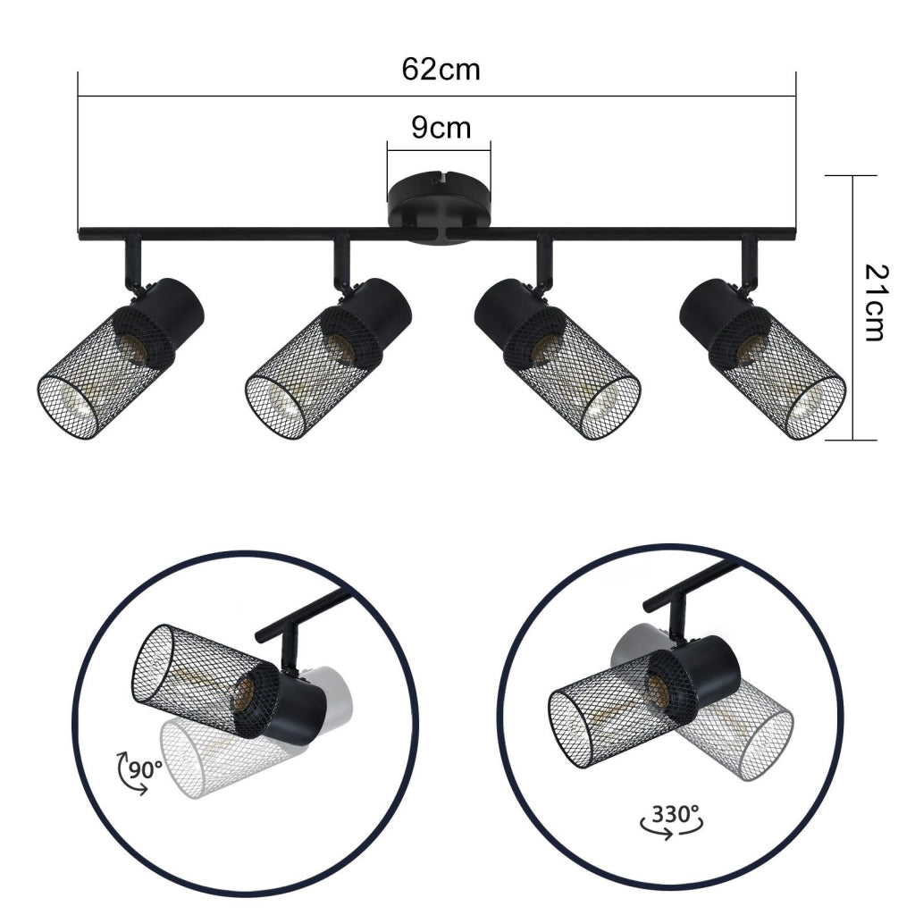 ZMH Faretto da soffitto neri 4 luci E27 pivotanti 330° stile industriale moderno per salotto camera senza lampadina