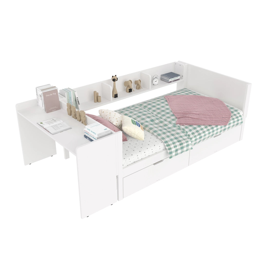Letto basso in legno con scrivania; 2 cassetti e 3 ripiani; pino e truciolare; bianco; 90x200 cm; senza materasso