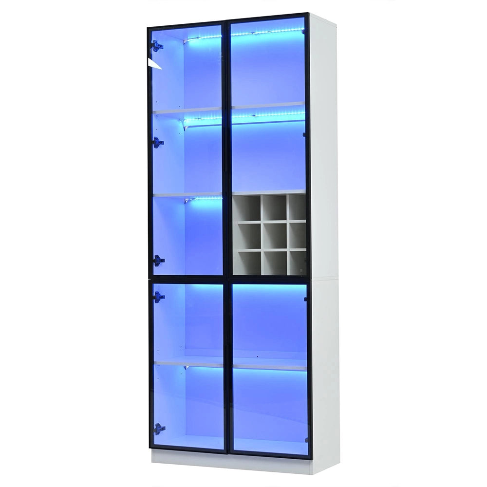 Vetrina 80x35x200 cm con LED - Xylo - ante in vetro, biblioteca, supporto vino, elegante buffet doppia anta