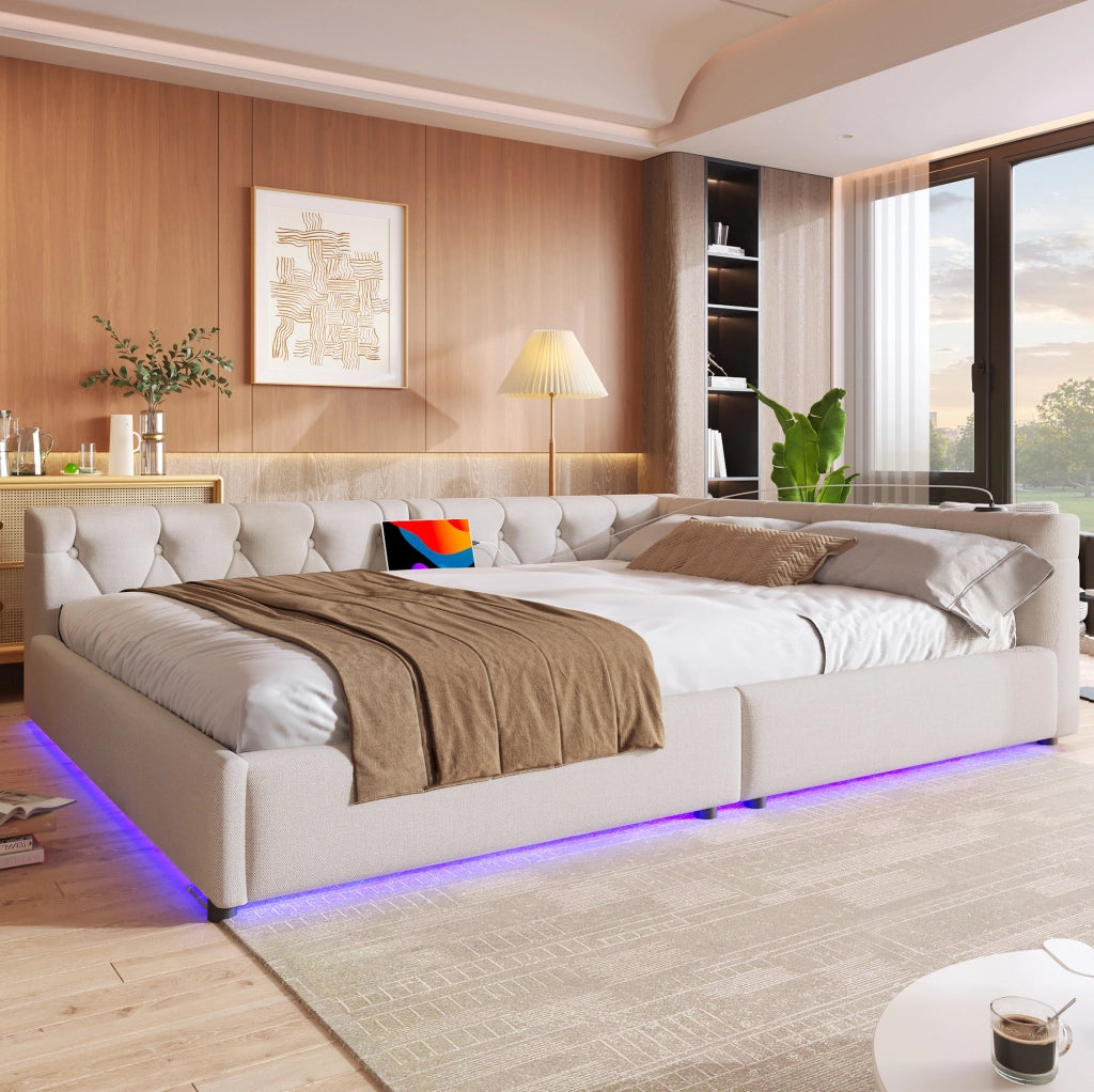 Letto daybed 140x200 cm in lino beige con LED e USB