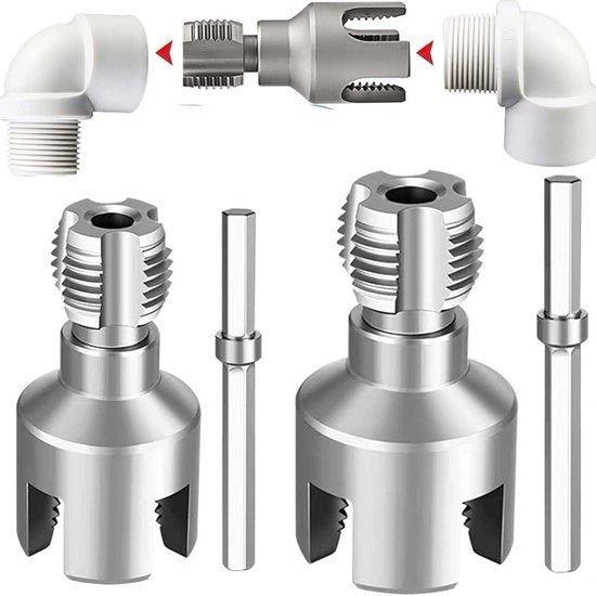 Set di filetti a tubo multifunzionale a due pezzi con lamine da 1/2 pollice (circa 1,3 cm) e 3/4 pollice (circa 1,9 cm), con strumenti integrati per filetto interno ed esterno, adatto per trapani e ideale