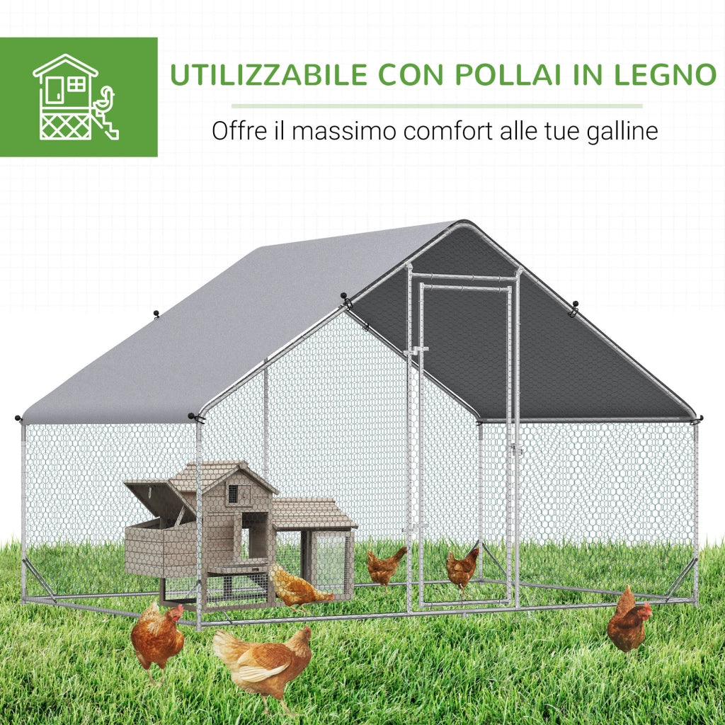 Pollaio da Giardino con Telaio Zincato ¨C Xylo ¨C 3x2x2m Argento Copertura Impermeabile