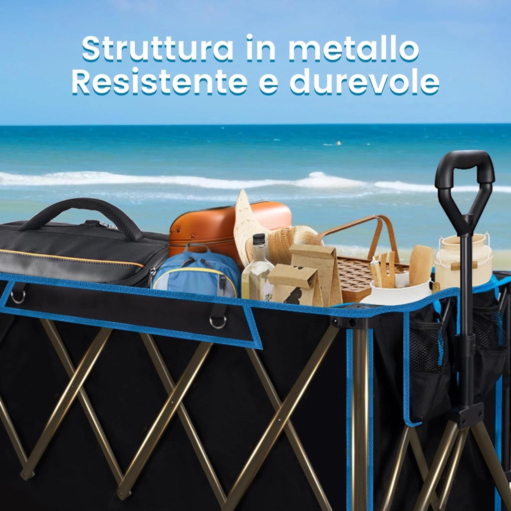 Carrello Pieghevole con Ruote da Spiaggia, Carrello da Giardino, Campeggio, Viaggio, Spesa, Borsa di Trasporto, Oxford+Acciaio, Nero+Blu