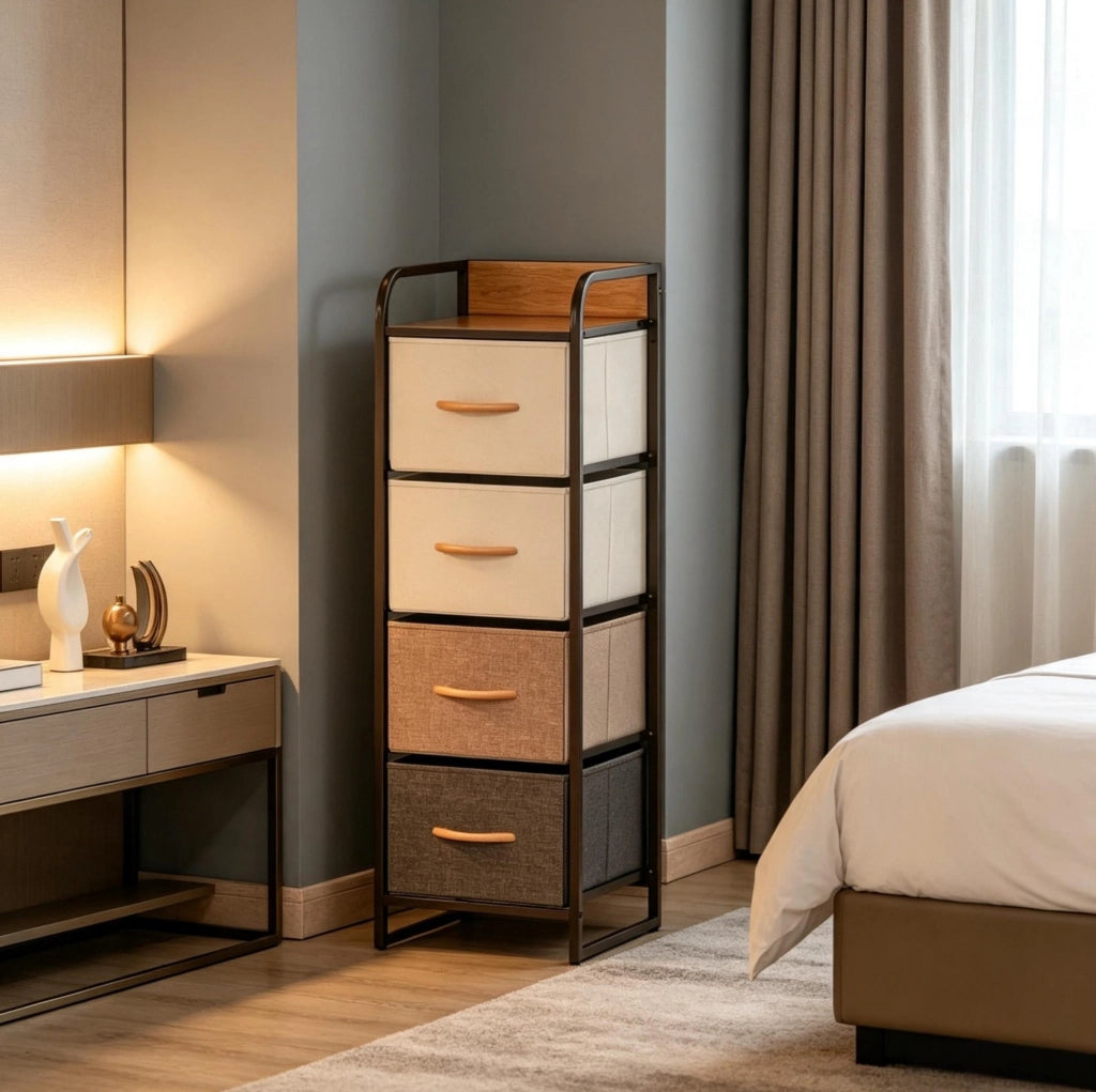 Cassettiera stretta ULEVR 31x29x99 cm con 4 cassetti in tessuto, MDF e acciaio, beige e marrone