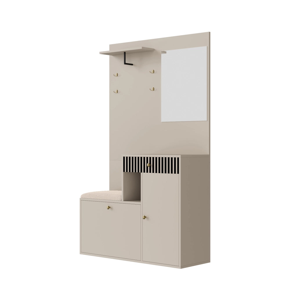 Set mobili da ingresso con specchio, panca imbottita, ripiani, appendiabiti e scarpiera in MDF Beige Crema