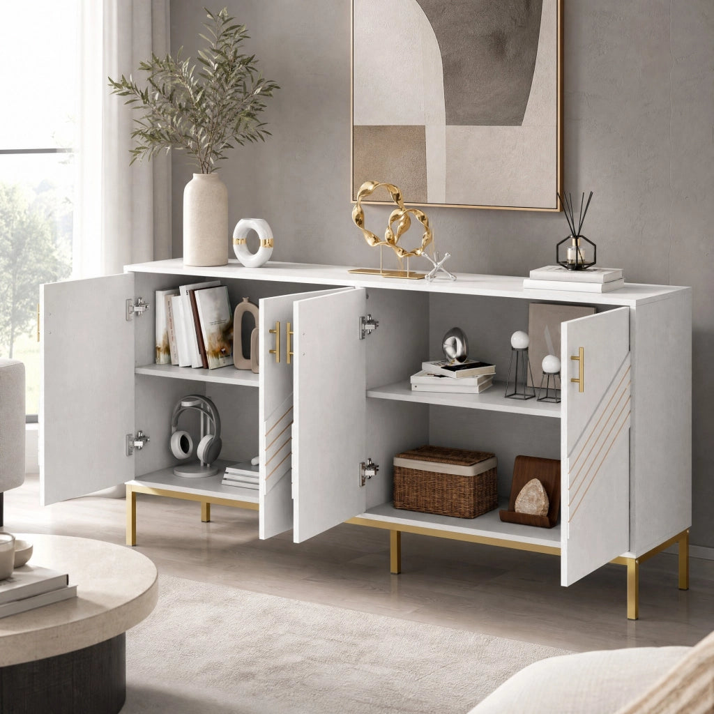 Credenza 160x40x80,5 cm bianca in MDF, 4 ante e ripiani regolabili