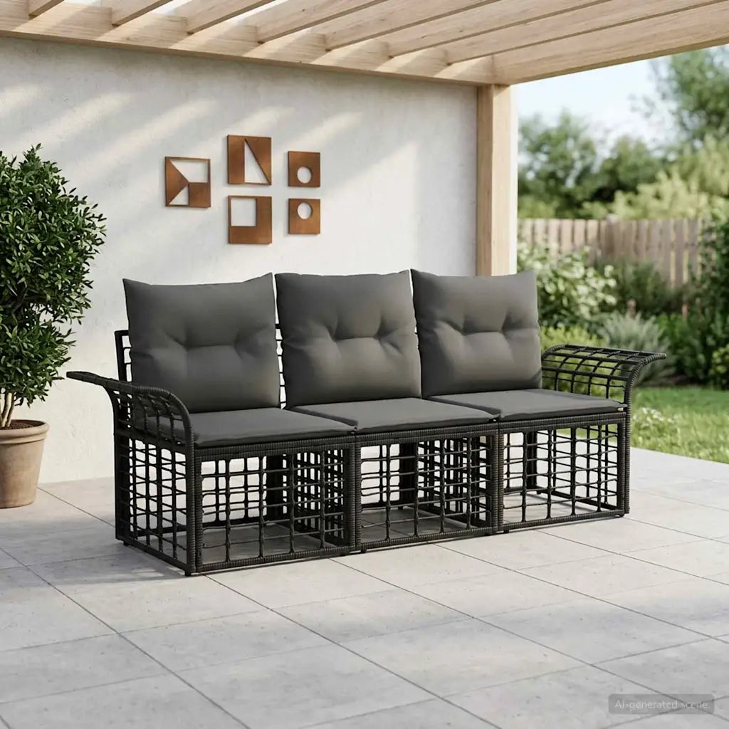 Set di divani da esterno 3 pcs Nero e Grigio scuro Poliestere