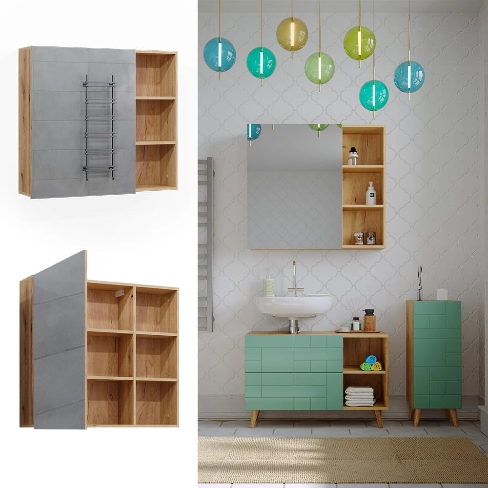 Specchio contenitore bagno Rudi, Rovere, 90 x 80.9 cm con anta e vani a giorno, con meccanismo push-to-open e struttura combinabile