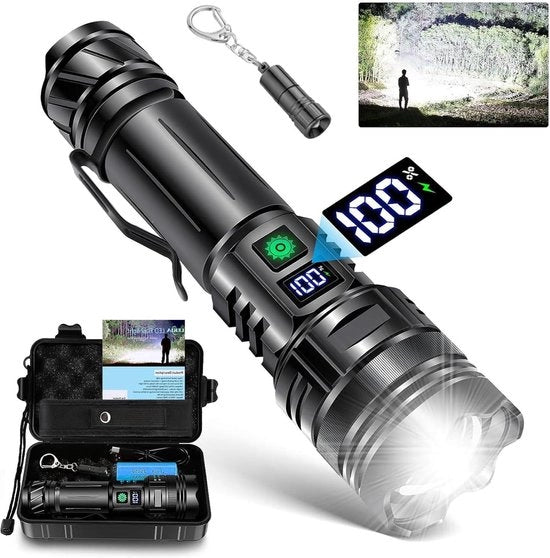 Lanterna Professionale Ricaricabile con USB-C 500.000 Lumen 5 Modelli di Alimentazione con Batteria 5000 mAh - Impermeabile con Zoom per Emergenze e Campeggio
