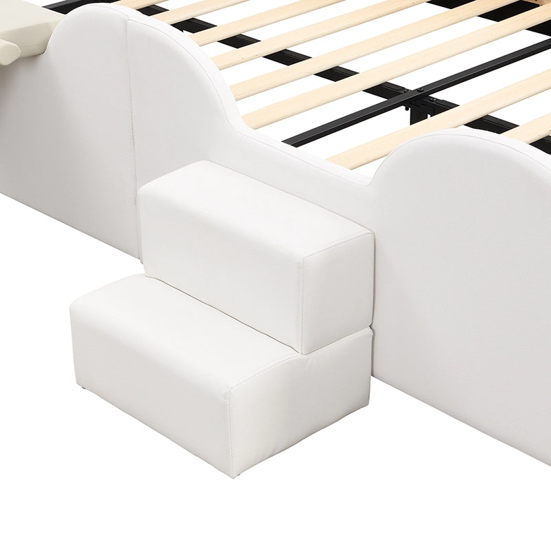 OKWISH Letto Bambini 140×200 cm, Letto Singolo con LED Multicolore, Scivolo e Scala, senza Materasso, in PU e MDF, Rosa e Bianco