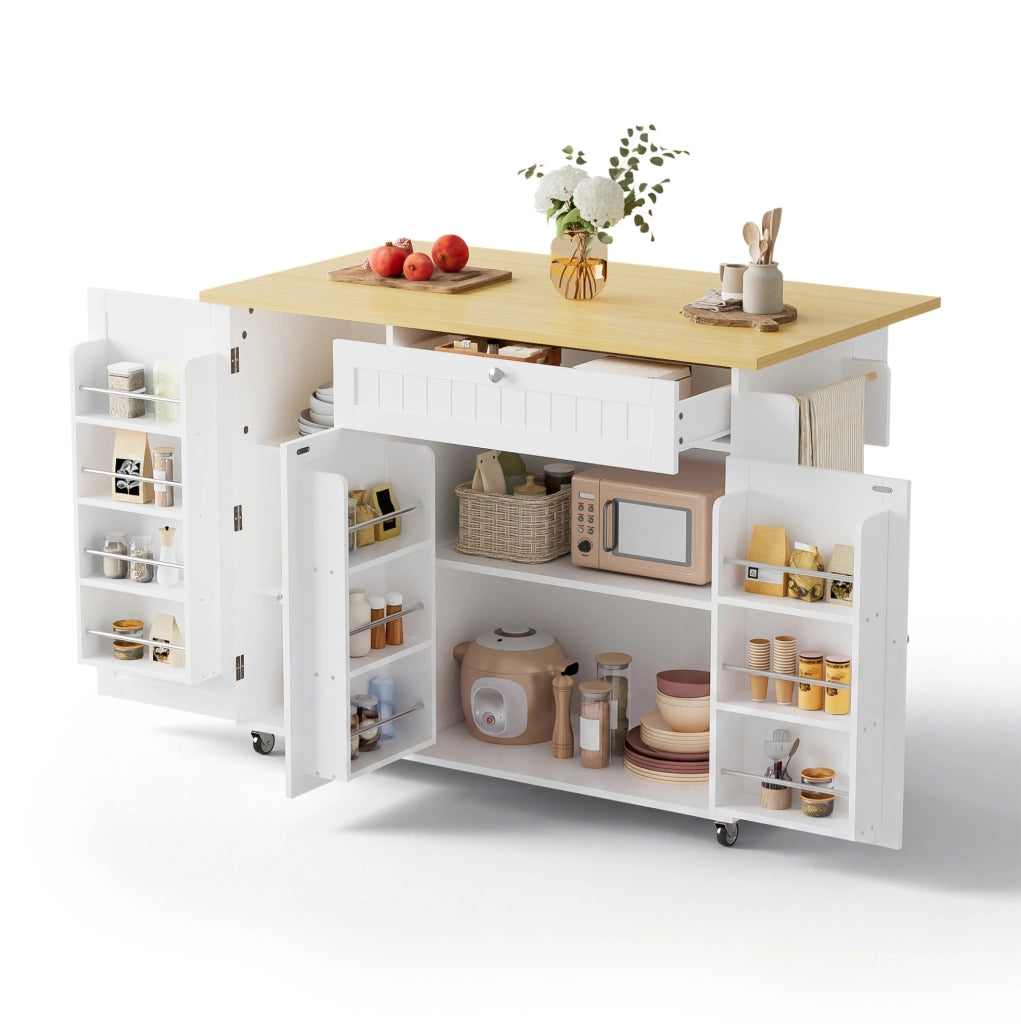 Carrello isola cucina con piano ribaltabile 120x70x92 cm in MDF; naturale e bianco