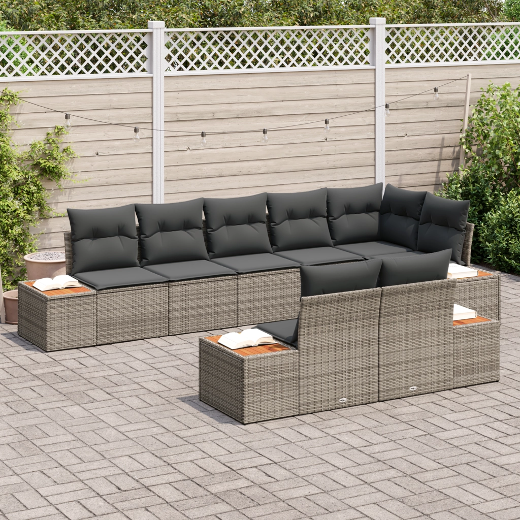 Set Divano da Giardino  8 Pezzi con Cuscini Grigio Polirrattan Acacia