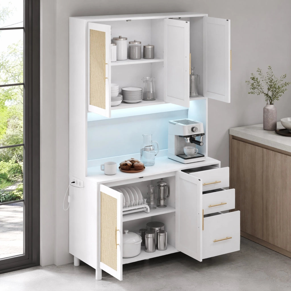Credenza cucina in MDF bianco con LED RGB, 2 prese europee, USB, 3 cassetti, ante e ripiani regolabili