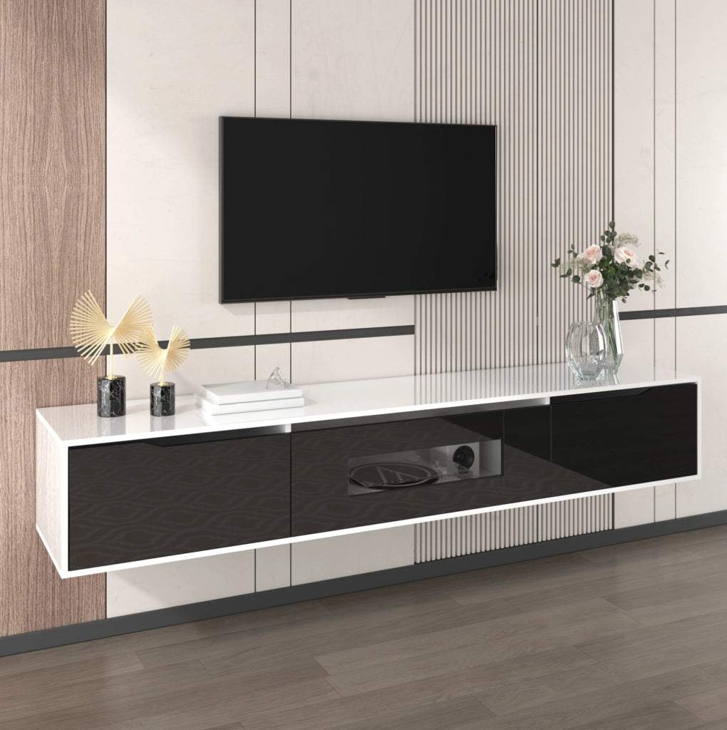 Mobile TV bianco e nero con frontale scanalato; LED a 16 colori; 180 × 35 × 30 cm